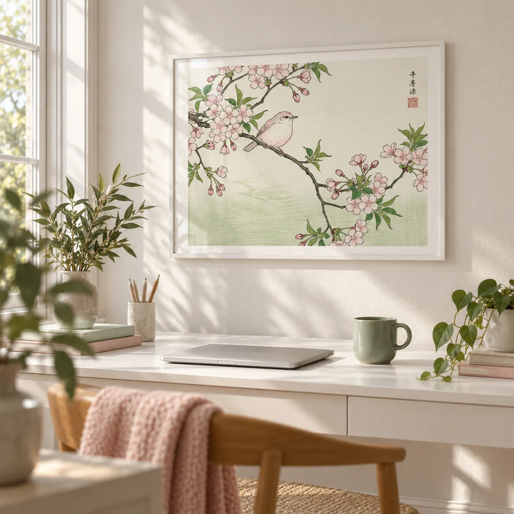 Bird Cherry Blossom Art Print, framed on the wall of a light home office