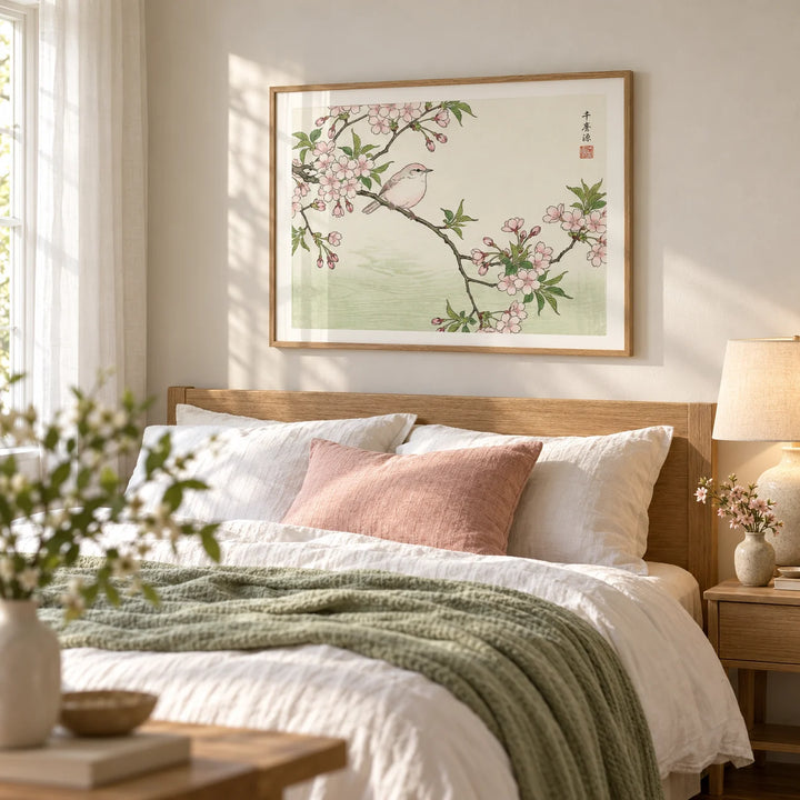 Bird Cherry Blossom Art Print, framed on the wall of a serene bedroom