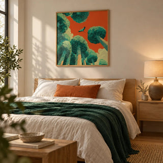 Bird In Flight Wall Art, framed on the wall of a calm bedroom