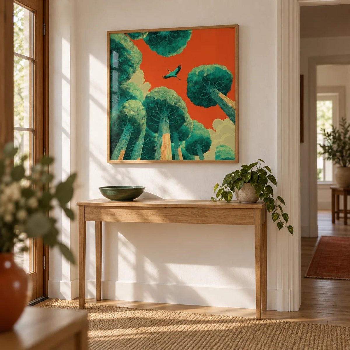 Bird In Flight Wall Art, framed on the wall of a calm hallway