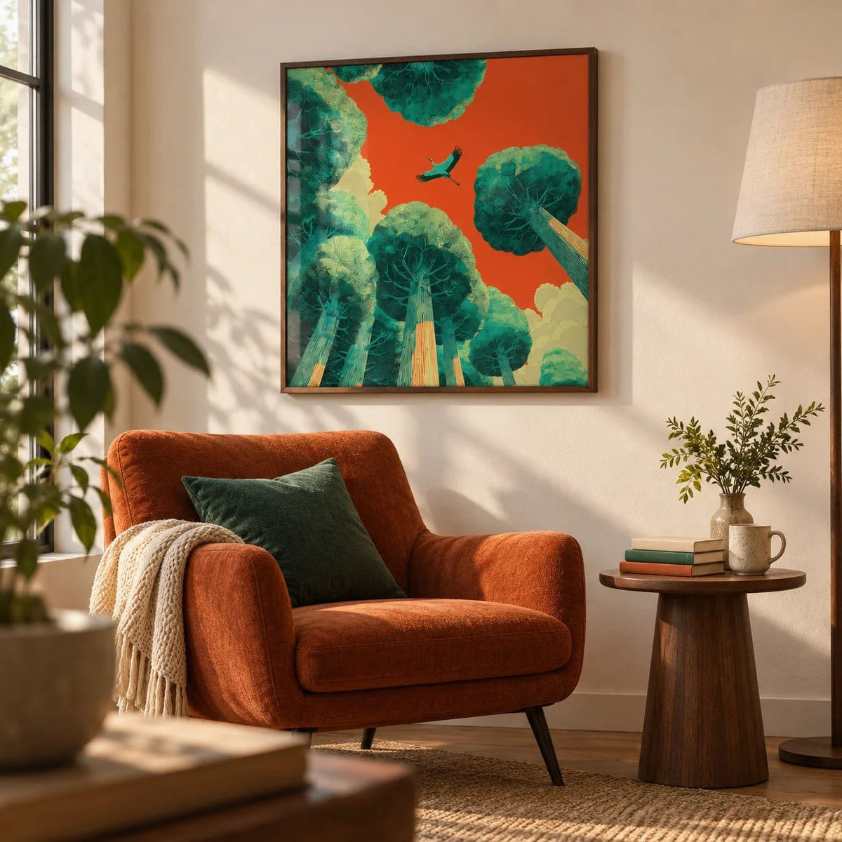 Bird In Flight Wall Art, framed on the wall of a reading corner in a living room