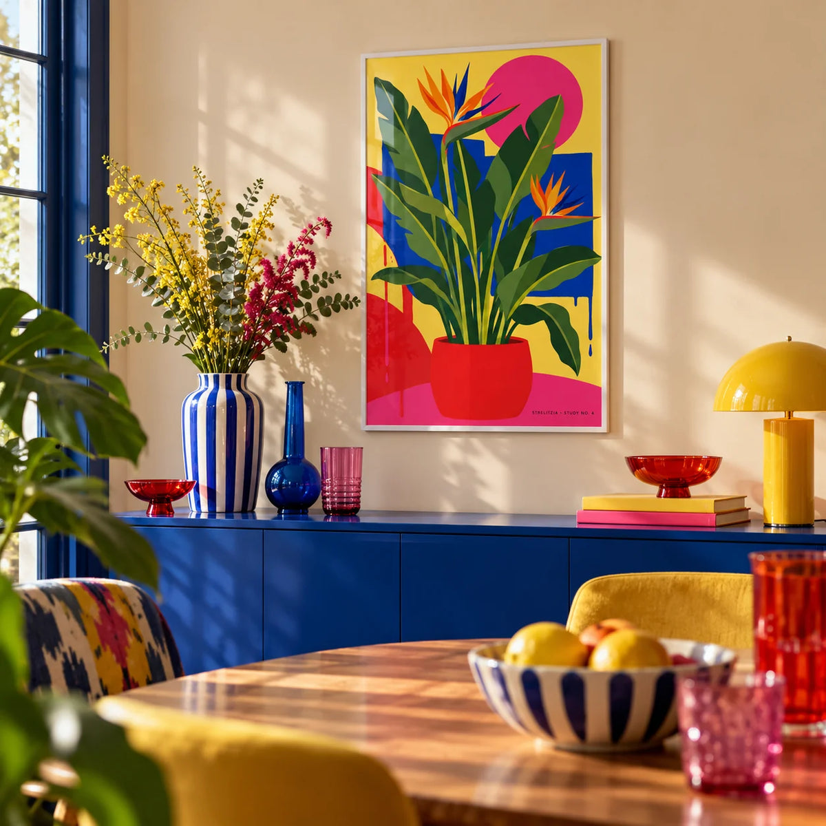 Bird of Paradise Print, framed on the wall of a colourful dining room