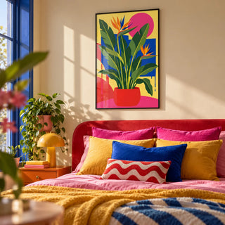 Bird of Paradise Print, framed on the wall of a dopamine bedroom