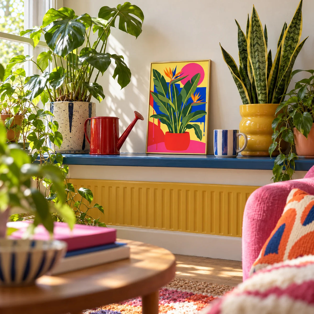 Bird of Paradise Print, a small A4 framed print leaning on a windowsill shelf