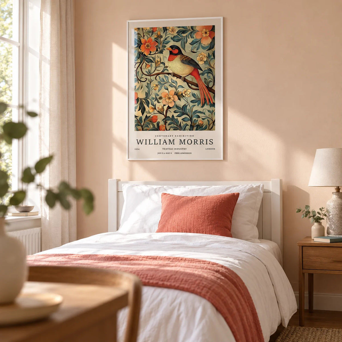 Bird Vintage Prints, framed on the wall of a calm single guest bedroom with a pale peach wall
