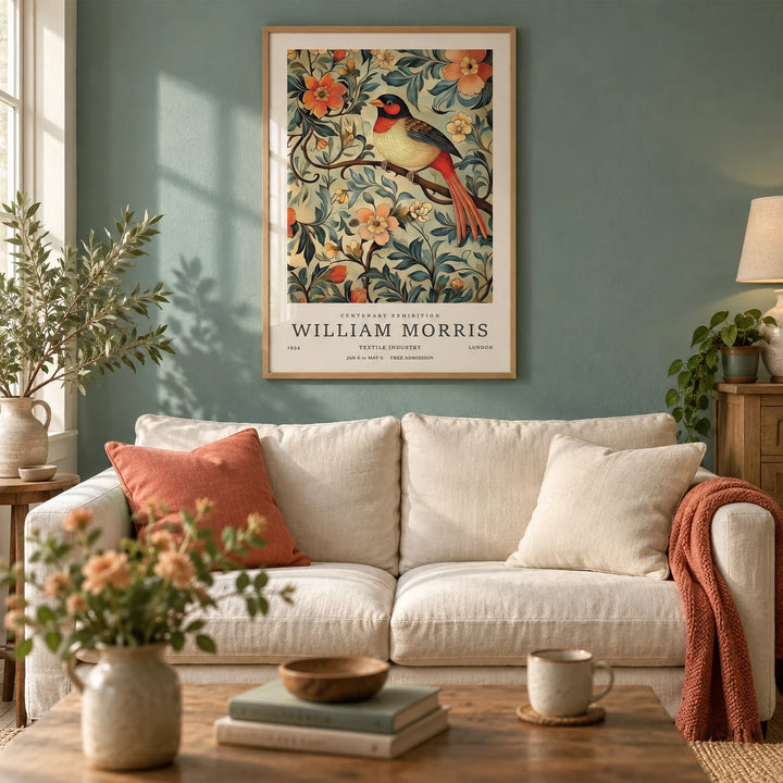 Bird Vintage Prints, framed on the wall of a cosy cottage living room with a soft teal painted wall