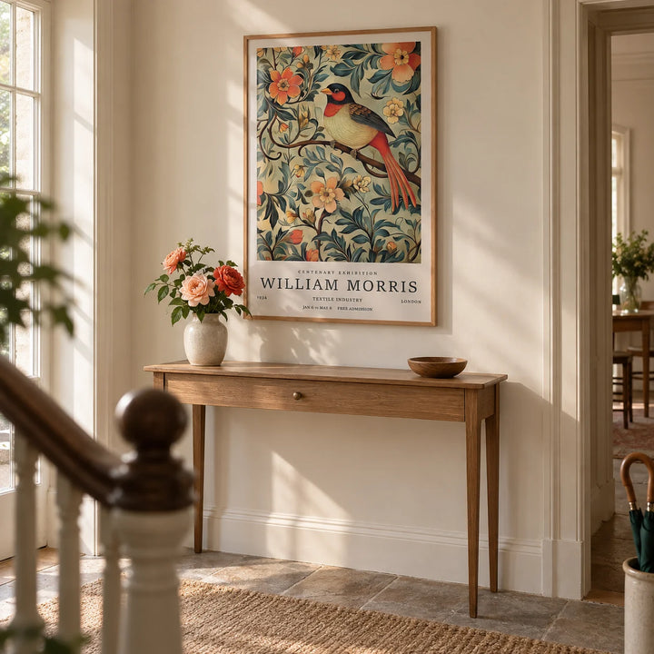 Bird Vintage Prints, framed on the wall of a period hallway with a cream wall