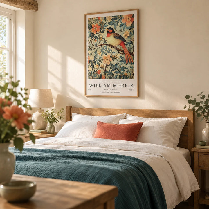 Bird Vintage Prints, framed on the wall of a pretty country bedroom with a warm cream wall