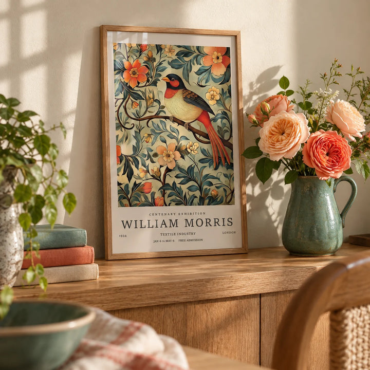Bird Vintage Prints, a small A4 framed print leaning on an oak shelf in a living room