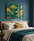 Bedroom with a wooden headboard, colorful bedding, and a painting of a bird and trees on the wall.