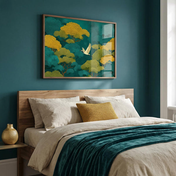 Bedroom with a wooden headboard, colorful bedding, and a painting of a bird and trees on the wall.