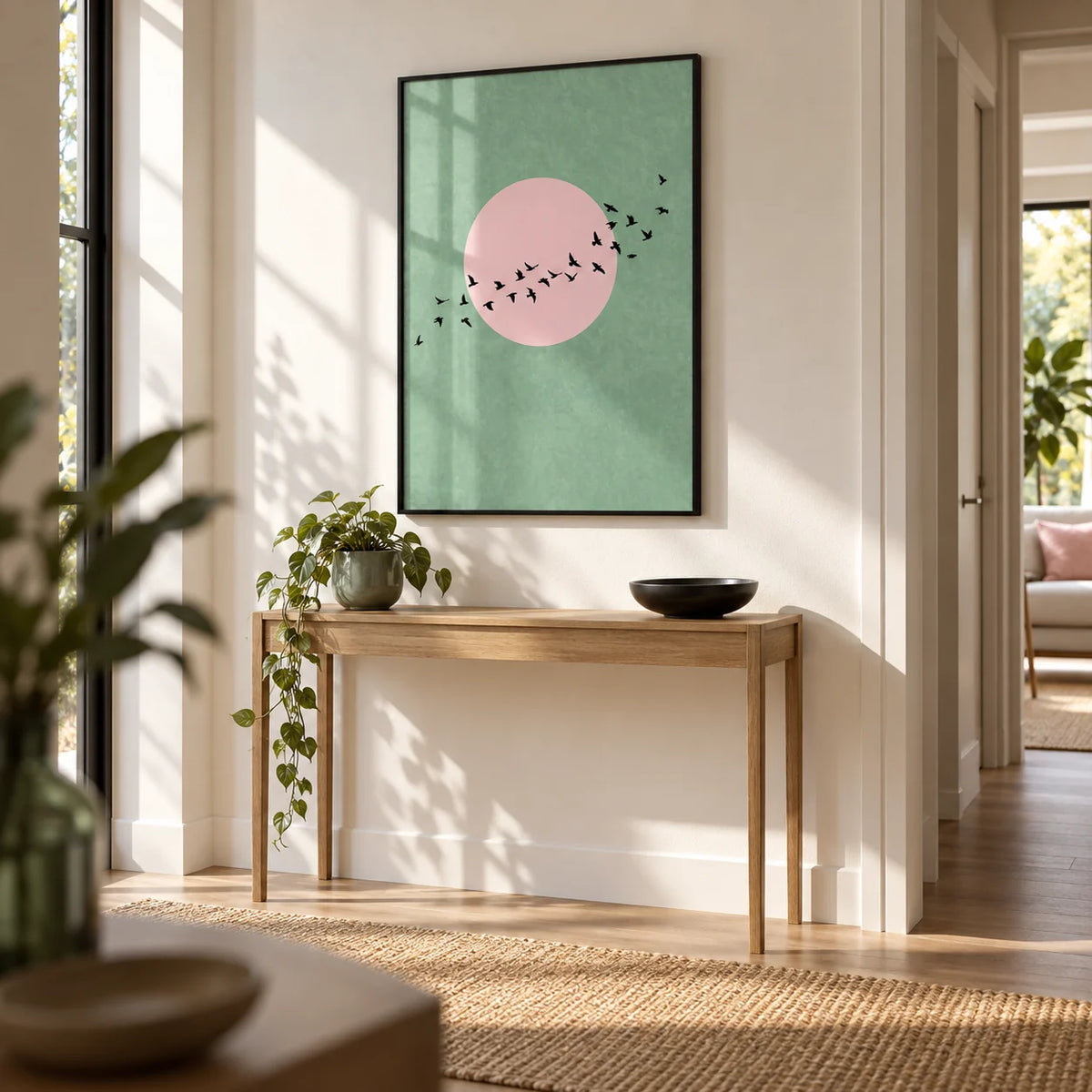 Birds Art Print, framed on the wall of a bright hallway