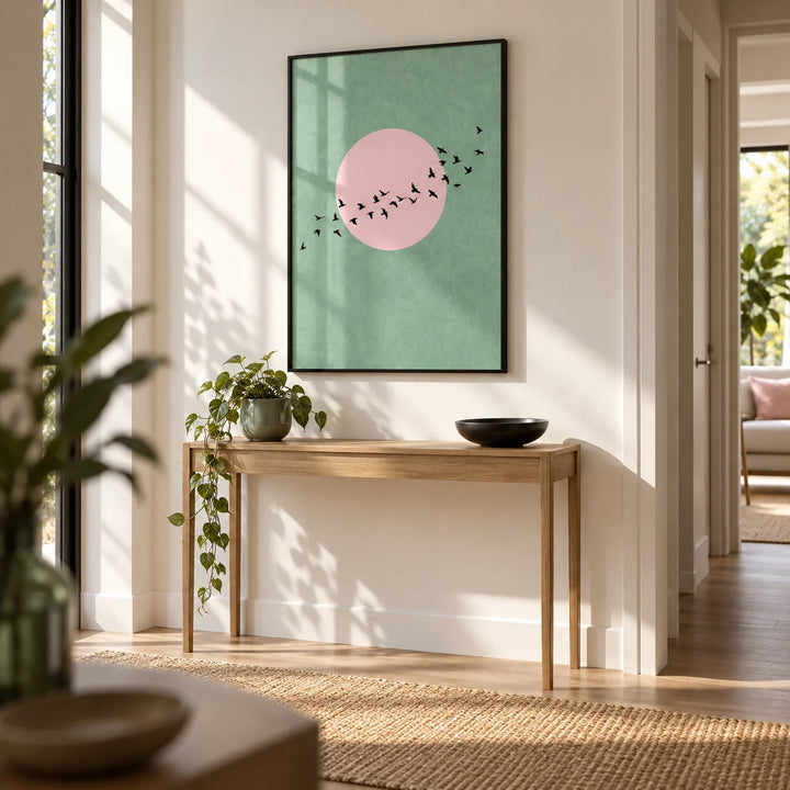 Birds Art Print, framed on the wall of a bright hallway