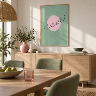 Birds Art Print, framed on the wall of a calm dining room