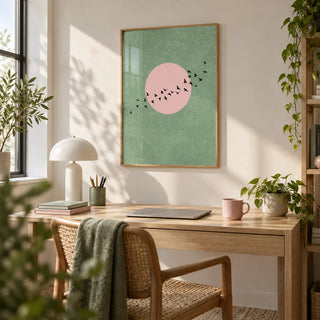 Birds Art Print, framed on the wall of a calm home office
