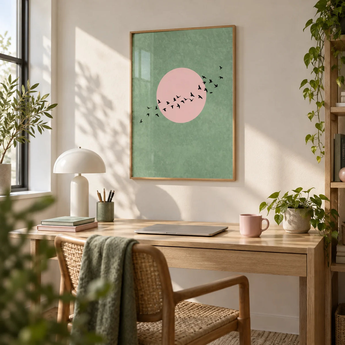 Birds Art Print, framed on the wall of a calm home office
