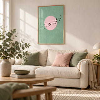 Birds Art Print, framed on the wall of a Scandinavian living room
