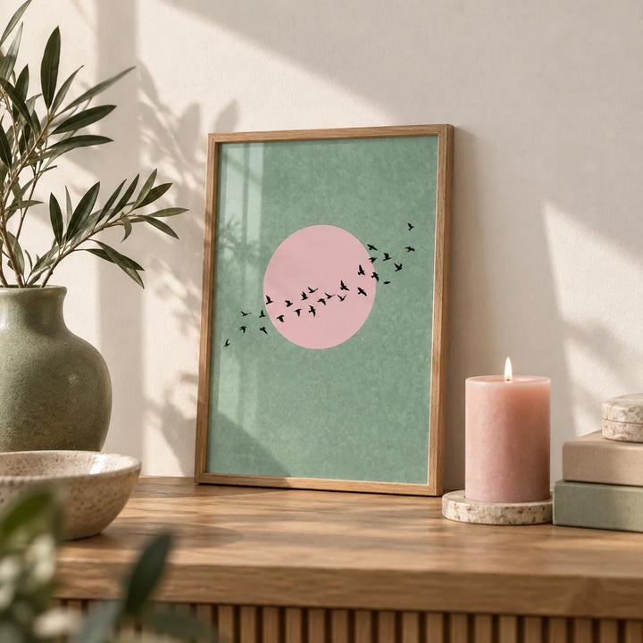 Birds Art Print, a small A4 framed print leaning on an oak shelf in a living room