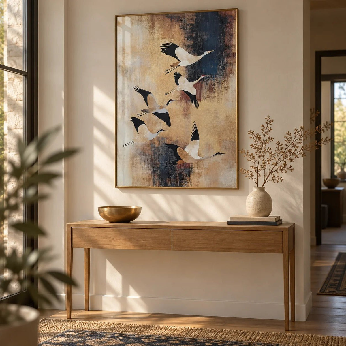 Birds Flying Wall Art, framed on the wall of a calm hallway