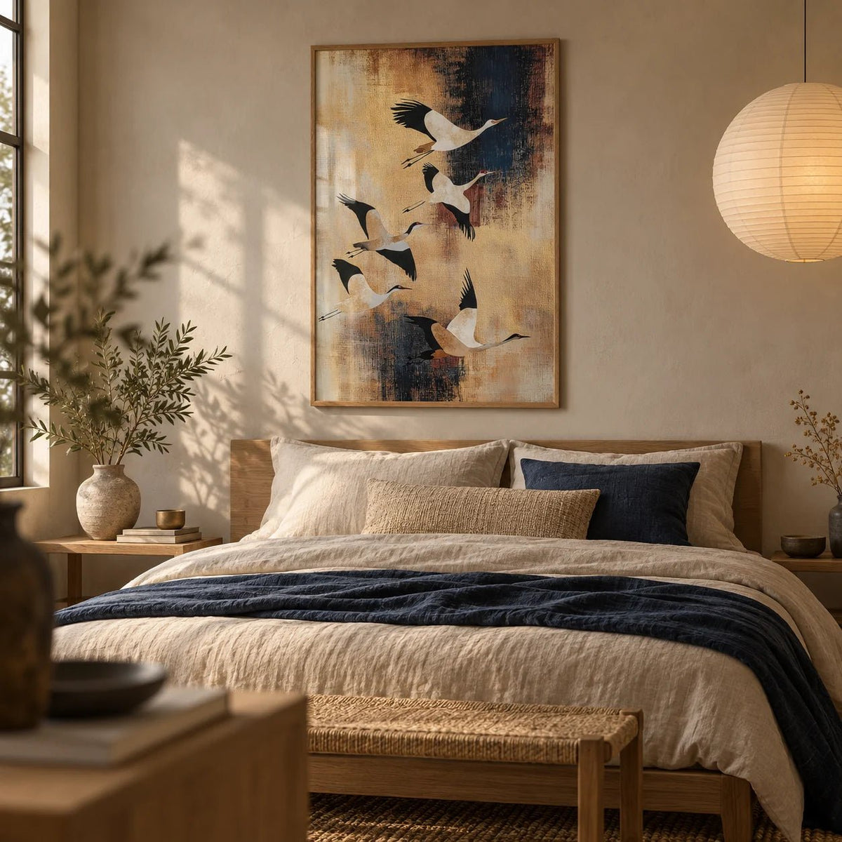 Birds Flying Wall Art, framed on the wall of a Japandi bedroom