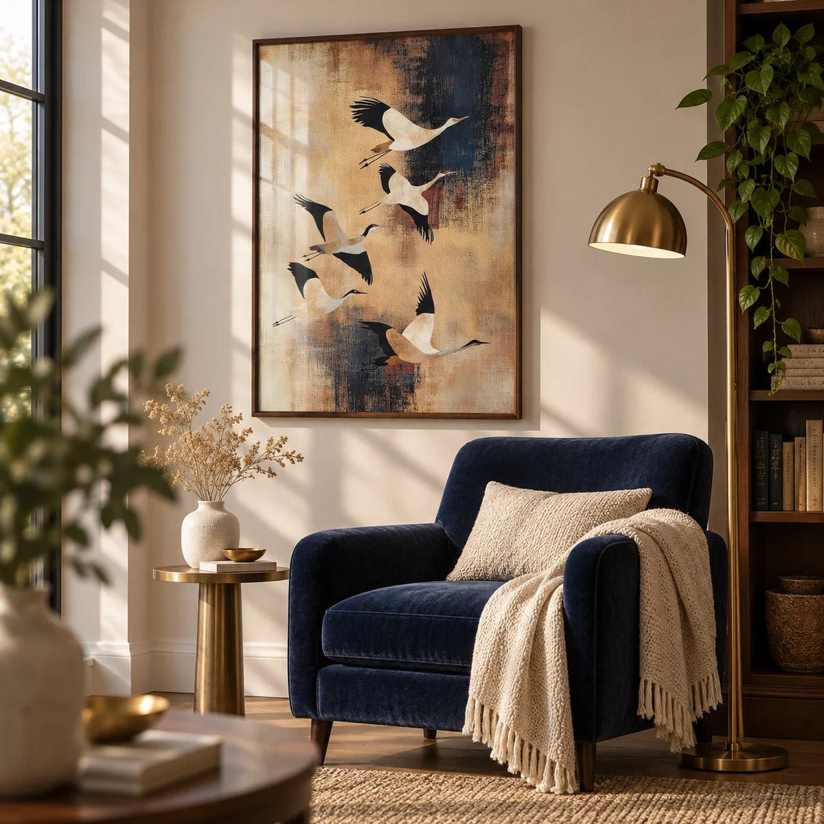 Birds Flying Wall Art, framed on the wall of a reading corner in a living room