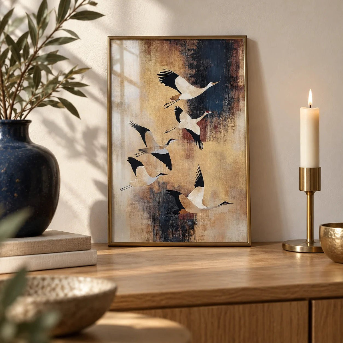 Birds Flying Wall Art, a small A4 framed print leaning on an oak shelf in a living room