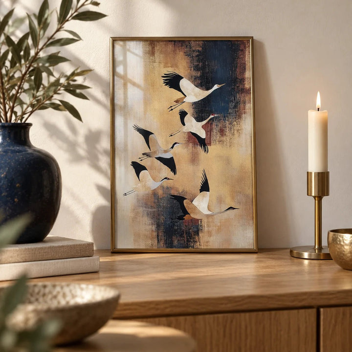 Birds Flying Wall Art, a small A4 framed print leaning on an oak shelf in a living room