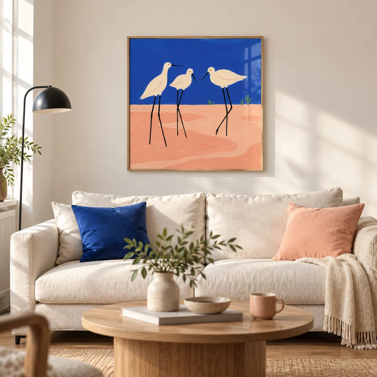 Birds Minimalist Wall Art, framed on the wall of a bright modern living room in a UK city flat with warm white walls and an oak floor