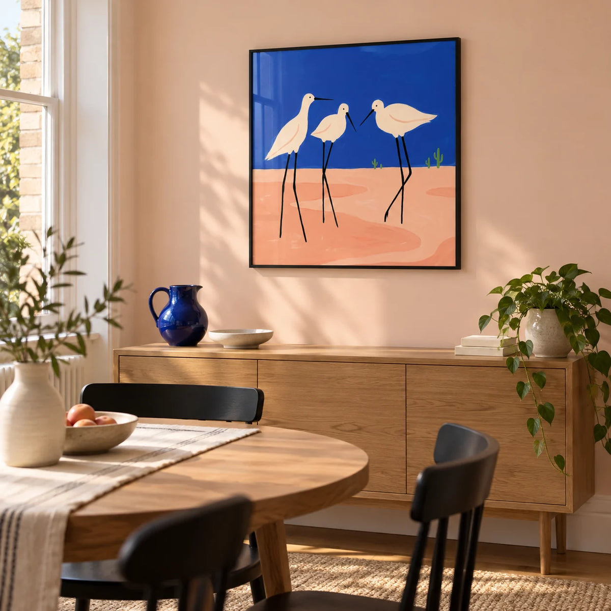 Birds Minimalist Wall Art, framed on the wall of a compact contemporary dining room in a Victorian terrace with a pale peach painted wall