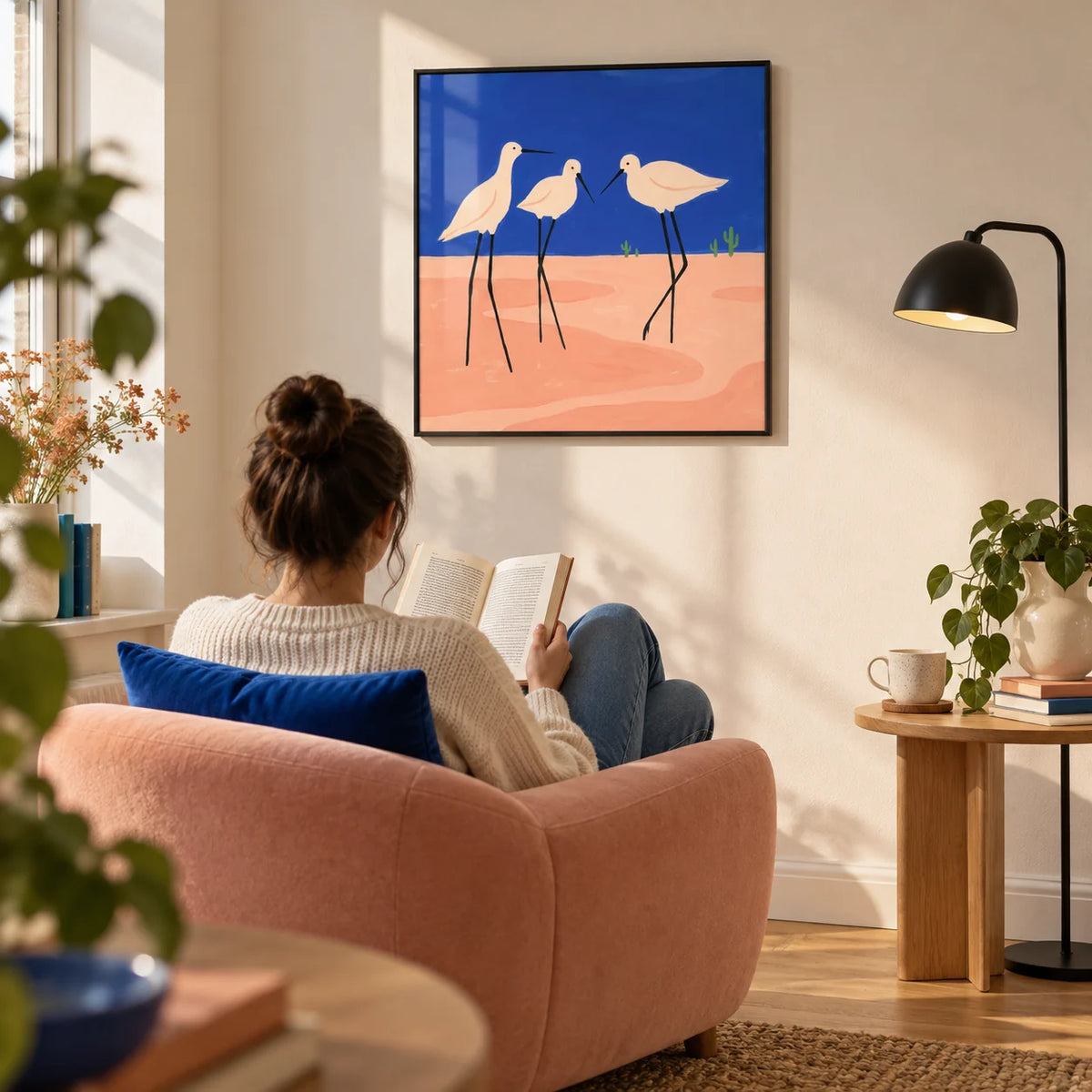 Birds Minimalist Wall Art, framed on the wall of a light reading corner in a colourful first home for an adult aged 25-35 in a living room