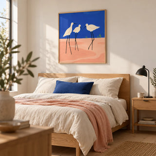 Birds Minimalist Wall Art, framed on the wall of a relaxed modern double bedroom with warm white walls and pale timber floorboards