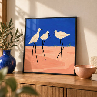 Birds Minimalist Wall Art, a small A4 framed print leaning on an oak sideboard in a living room