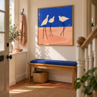 Birds Minimalist Wall Art, framed on the wall of a welcoming hallway in a small UK terraced house with warm white walls and a terracotta floor