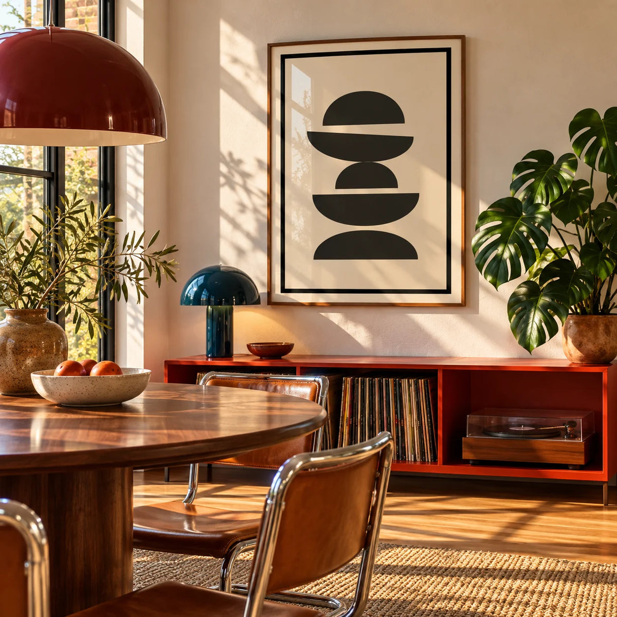 Black and Cream Wall Art, framed on the wall of a mid-century dining room