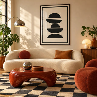 Black and Cream Wall Art, framed on the wall of a mid-century living room