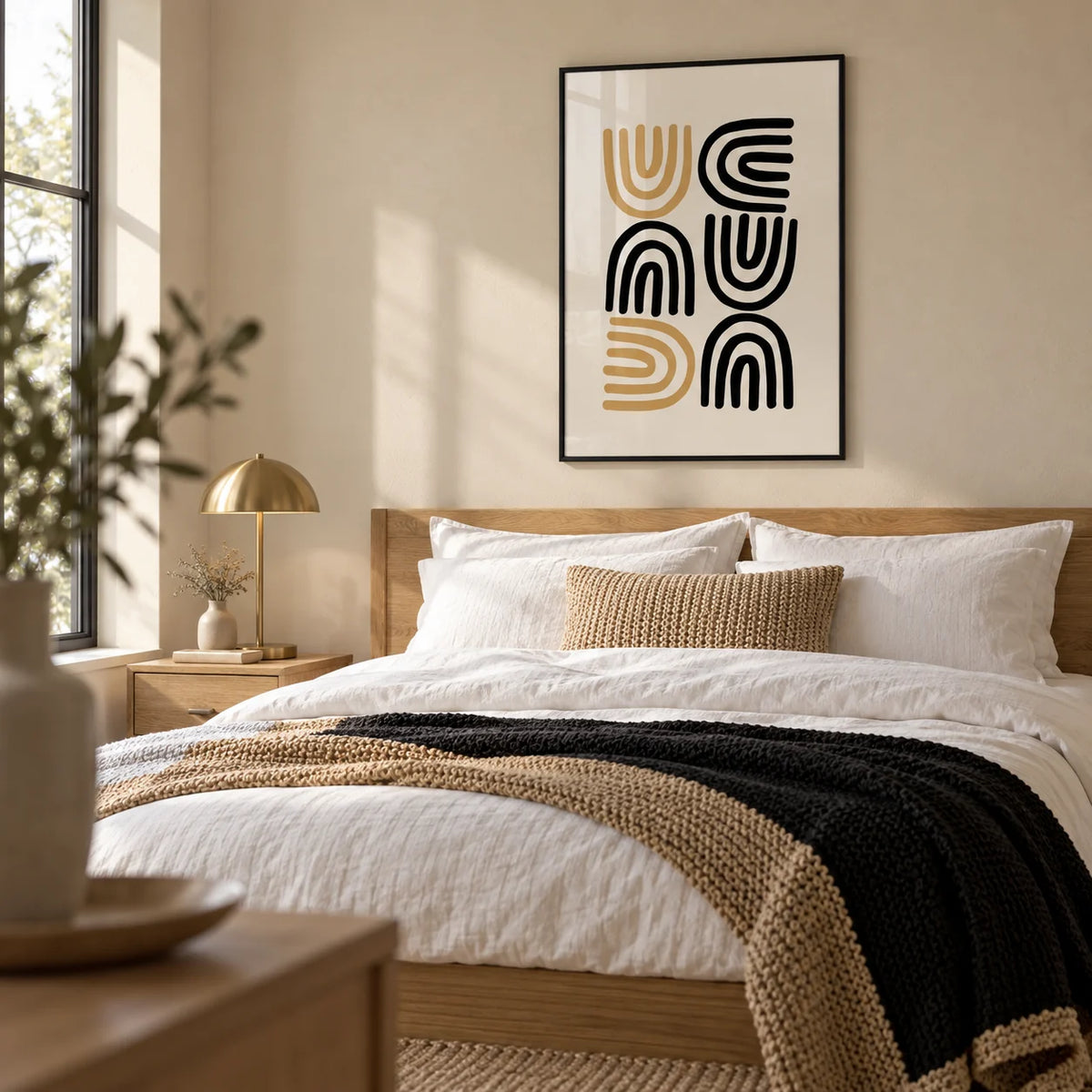 Black and Gold Pictures, framed on the wall of a calm modern bedroom with a soft sand wall