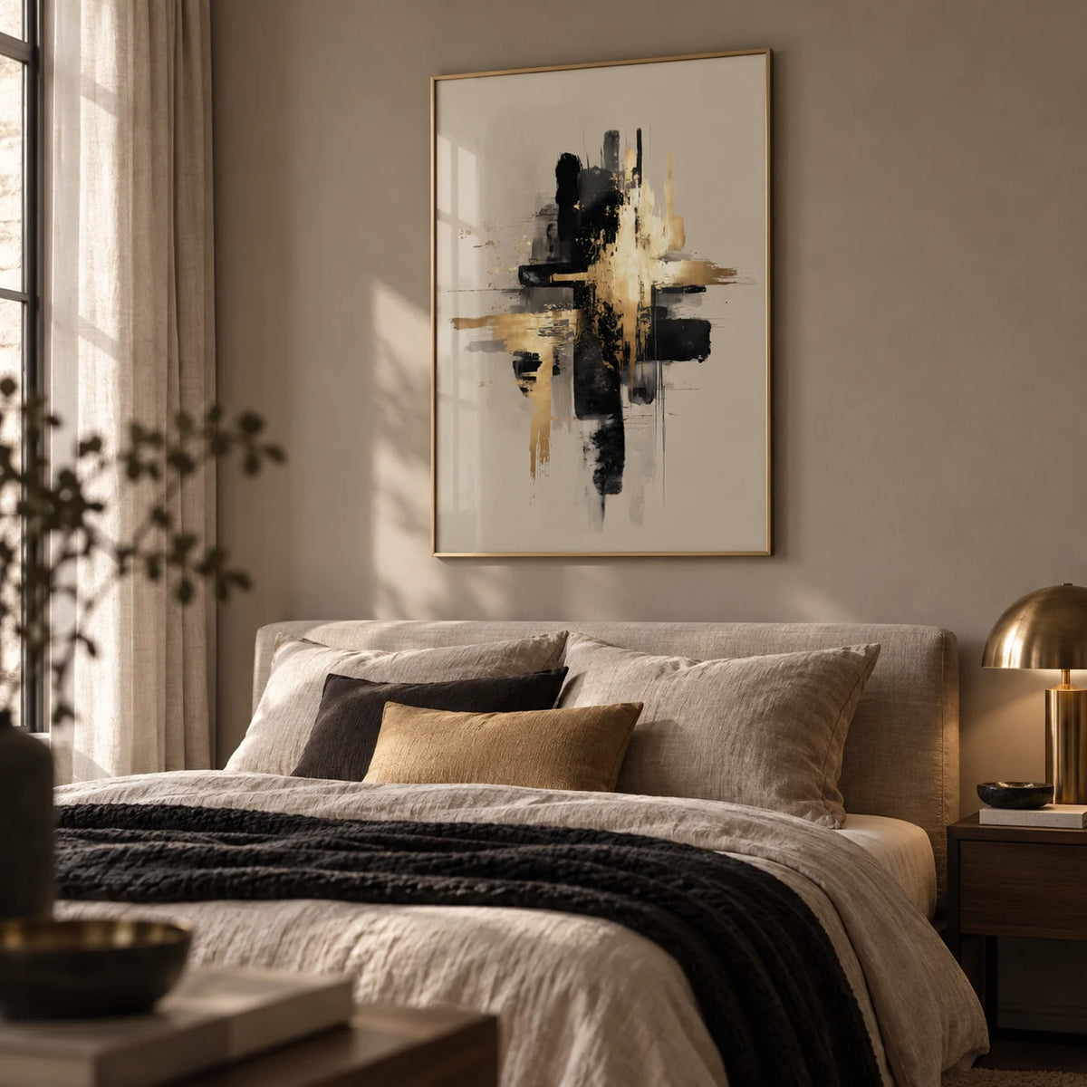 Black And Gold Poster, framed on the wall of a calm modern bedroom with a soft taupe wall