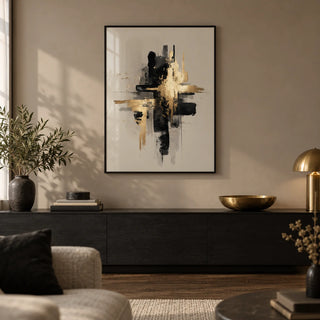 Black And Gold Poster, framed on the wall of a modern living room with a warm taupe wall and a dark oak floor
