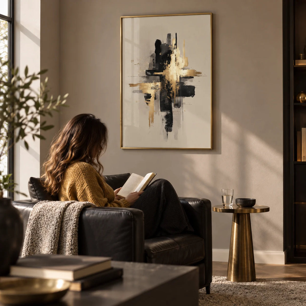 Black And Gold Poster, framed on the wall of a quiet corner of an elegant flat with a taupe wall in a living room