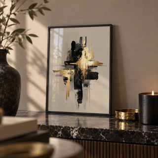 Black And Gold Poster, a small A4 framed print leaning on a black marble shelf in a living room