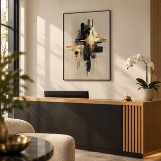 Black And Gold Poster, framed on the wall of a small boutique office reception with a warm white wall