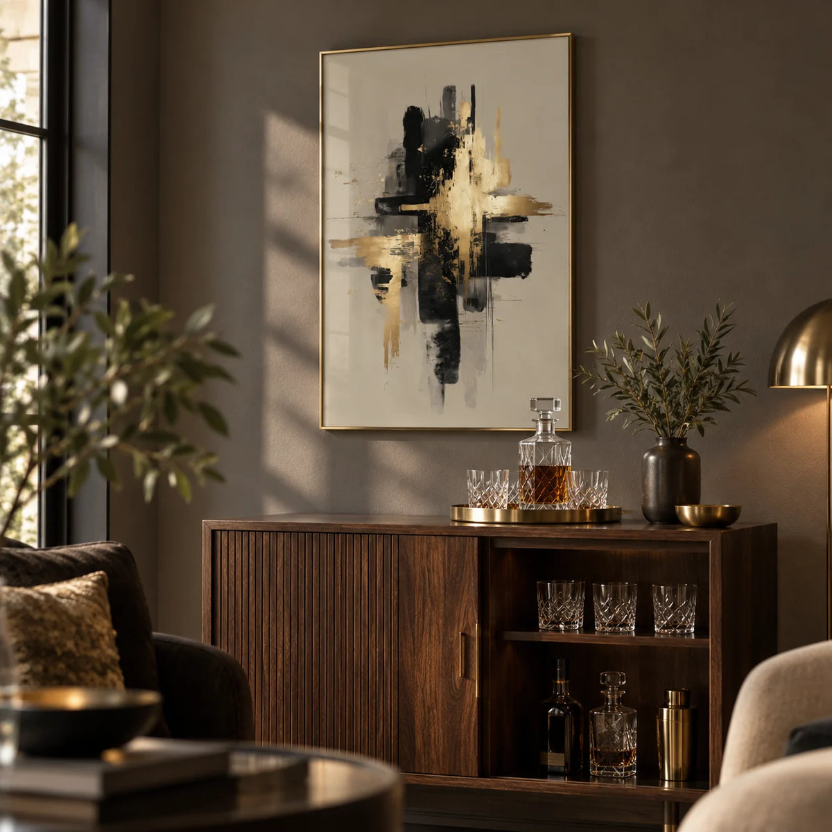 Black And Gold Poster, framed on the wall of a smart home bar corner in a living room with a dark greige wall