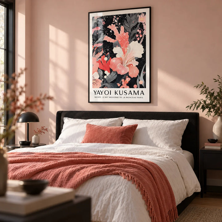 Black and Pink Wall Art, framed on the wall of a calm modern bedroom with a soft blush wall