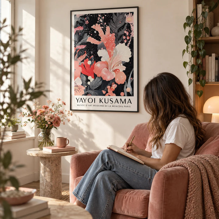 Black and Pink Wall Art, framed on the wall of a calm reading corner with a warm white wall in a living room
