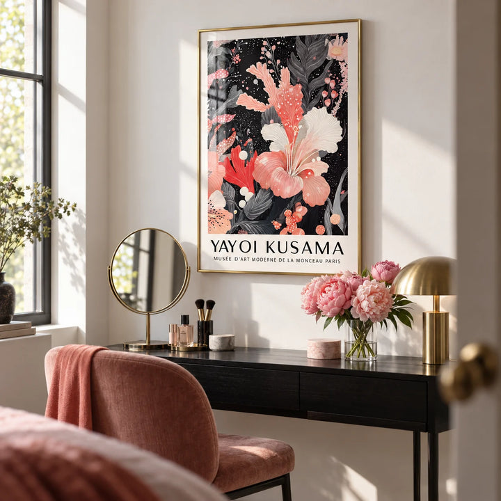 Black and Pink Wall Art, framed on the wall of a stylish dressing area with a white wall