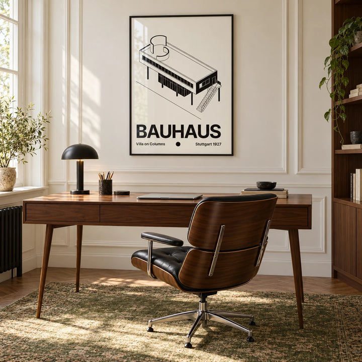 Black and White Architecture Poster, framed on the wall of a calm home office with cream panelled walls and a vintage green rug