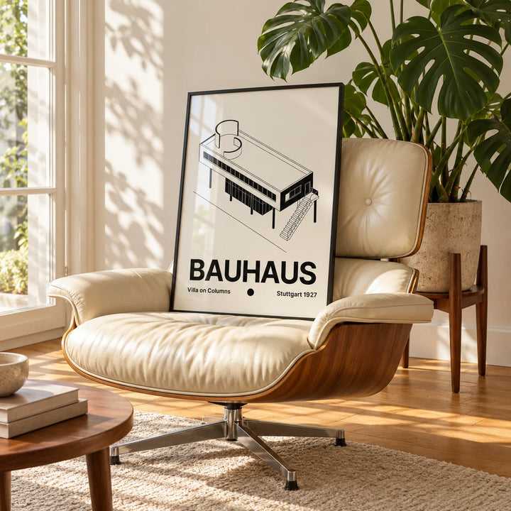 Black and White Architecture Poster, framed on the wall of a sunny living room corner with a tall window