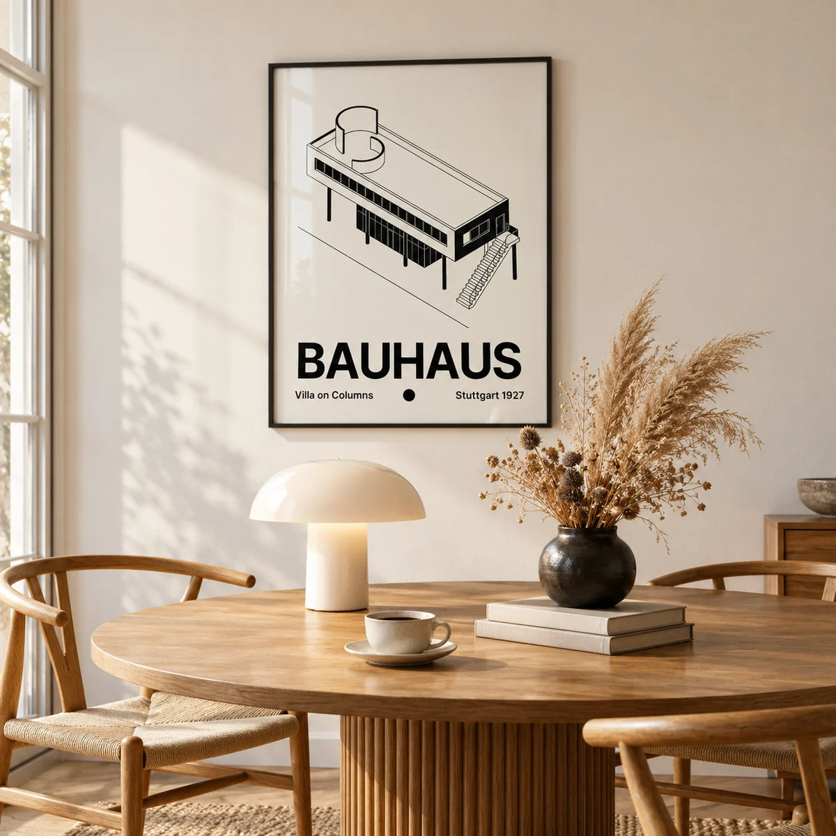 Black and White Architecture Poster, framed on the wall of a warm in a dining room