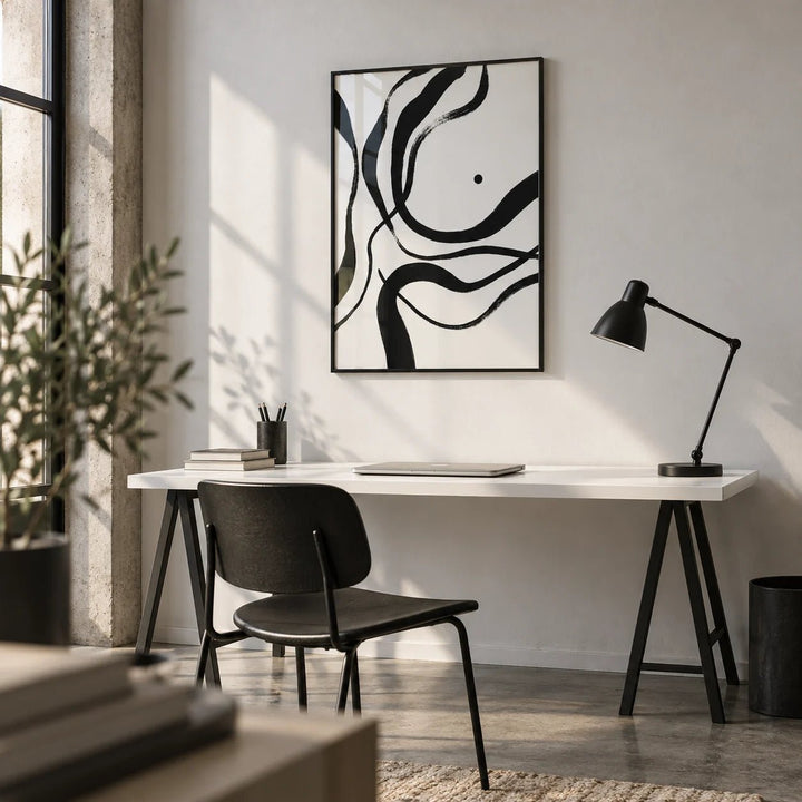 Black And White Art, framed on the wall of a design studio in a home office