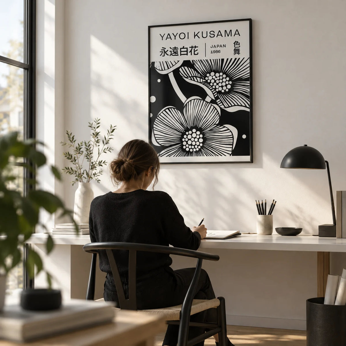 Black and White Art Flowers, framed on the wall of a modern design studio with a white wall and a pale oak floor in a home office